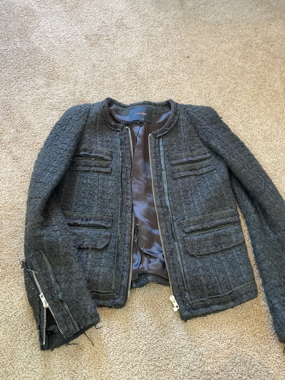Maje Charcoal Tweed Zip-Front Jacket